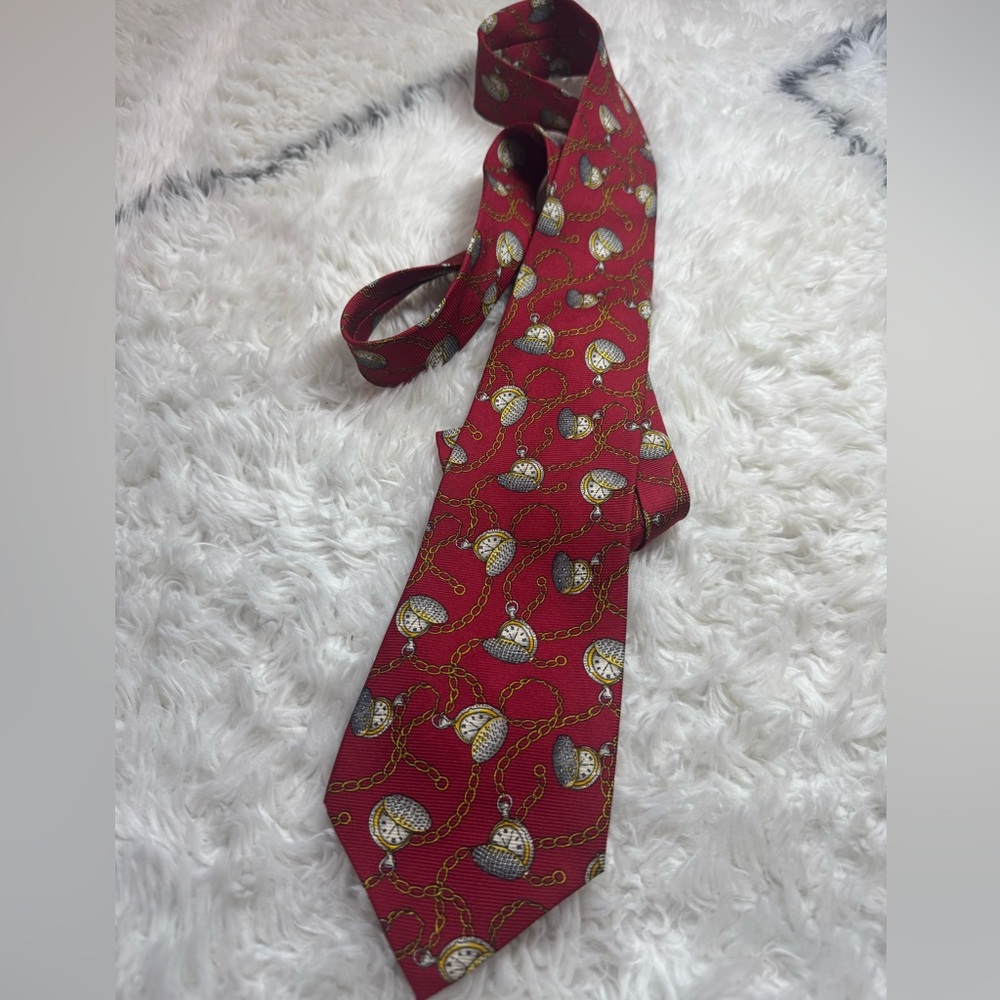 Vintage Chanel Paris Burgundy Pocket Watch Print Design Silk Luxury Necktie Rare